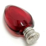 Antique unmarked silver topped ruby glass scent bottle with stopper 8.5cm long - in good used