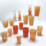 16 items of orange Carnival glass incl. 2 elephant head vases, hand vase and quantity of beakers -