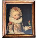 Antiqued gilt framed print, portrait of an Elizabethan child holding a bird, 46 cm wide, 53 cm
