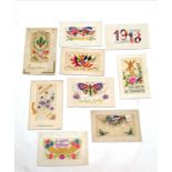 Qty of WWI silk postcards inc butterfly, 1918 dated & windmill etc