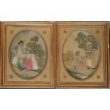 Antique framed pair of 18thc needlework pictures on silk depicting children at harvest time