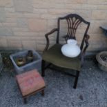 Antique mahogany hepplewhite carver chair with carved detail to arm with chamfered legs - 91cm