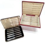 2 x cased sets of 6 silver handled knives - pistol grip & talwar sword handle type ~ boxes have wear