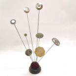 8 x antique hat pins inc 3 silver mounted (30cm & with hinged heads), unmarked silver pearl set with