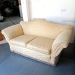 Gold brocade Kirkby House fabric 2 seater settee, 188 cm width, 88 cm deep, 47 cm height to top of