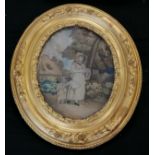 Antique oval gilt framed needlework picture on silk of a mother and child with a cottage and stump