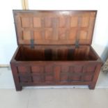 Antique style oak 12 panel coffer, on square block legs, 127 cm length, 55 cm deep, 58 cm deep, good