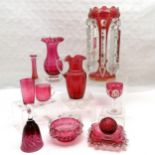 Collection of Cranberry glassware to include drop lustre, 2 drops replaced, gilding rubbed 33 cm