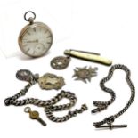 Antique silver cased pocket watch (45mm) t/w 2 silver albert chains (1 lacks ends - 26cm & has