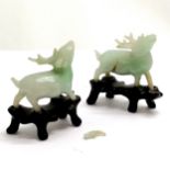 Pair of Oriental Chinese carved hand carved jade figures of stags on original wooden stands - 4cm