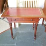 Victorian mahogany writing table, with single frieze drawer, red leather inset top,( heavy wear