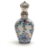 Antique continental marked silver topped scent bottle with porcelain floral decorated body - 8cm &