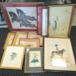 Qty of prints, pictures inc Balinese original artwork of 3 horses (frame 61cm x 53cm), 2 Lifeguard