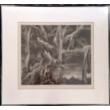 Framed 1991 Chinese engraving #1/20 of trees & an ox pulling a cart - frame 56cm x 61.5cm