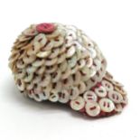 Antique unusual miniature pearly king and queen buttoned decorated cap with red fabric lining, 8cm