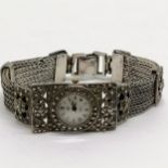 Silver & marcasite wristwatch with integral bracelet - 18cm & 57g total weight