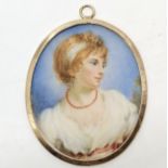 Regency portrait miniature of a woman with a coral necklace in an unmarked 9ct gold frame 9cm x 6.