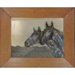 Framed silver plated metallic relief 3-D picture of 2 horses by Georg (Gg) Bommer - frame 43cm x