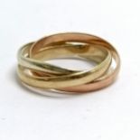 9ct hallmarked gold tri-colour (3) band ring - size O/P & 3.6g - SOLD ON BEHALF OF THE NEW BREAST