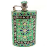 925 marked silver flask with green enamel decoration 11cm high x 6cm- 1 small dent to the body