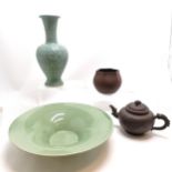 4 x Oriental / Chinese ceramics - hexagonal pot with script around and seal marks, brown teapot with