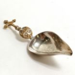 Antique religious spoon with cross details to the bronze handle / pap spoon ? - 11.5cm & has old