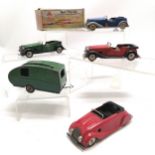 4 x Minic Tri-ang tourers - red streamline sports tourer, Vauxhall learner's car in box & missing