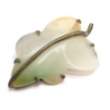 Hand carved Oriental nephrite jade leaf in a Mexican silver brooch mount - 6.5cm