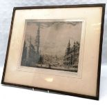 Framed engraving of Brussels Grand Place signed by Rene Van De Sande (1889-1946) - frame 44cm x 51cm