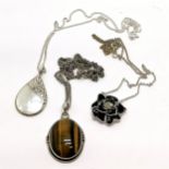 2 x silver pendants on chains - tigers eye & mother of pearl t/w necklet (1 stone missing) ~ total