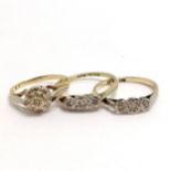 3 x 9ct gold rings (2 with platinum) diamond set rings - size M to N & 4.7g total weight - SOLD ON