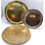 2 Brass Asian oriental circular trays t/w another tray by Sheffield Reproduction. Largest