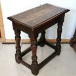 Antique oak joint stool, with carved decoration to the top, slightly bowed top and signs of old wood