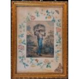 Framed antique hand coloured etching of a gardener with hand painted border of flowers and