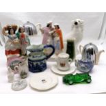 Quantity of miscellaneous items incl. 2 Staffordshire flatback figures and dog 35cm high, Art Deco