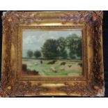 Antique gilt framed painting, oil on board of a shepherd with his sheep unsigned- frame size 49cm