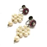 Pair of antique ruby & pearl drop screw-on earrings ~ 3.5cm drop