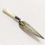 1912 antique silver trowel bookmarker with mother of pearl handle by Adie & Lovekin Ltd - 7.5cm &