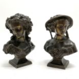 Pair of antique bronze busts of ladies (1 wearing bonnet) by Eugène-Antoine Aizelin (1821-1902) -