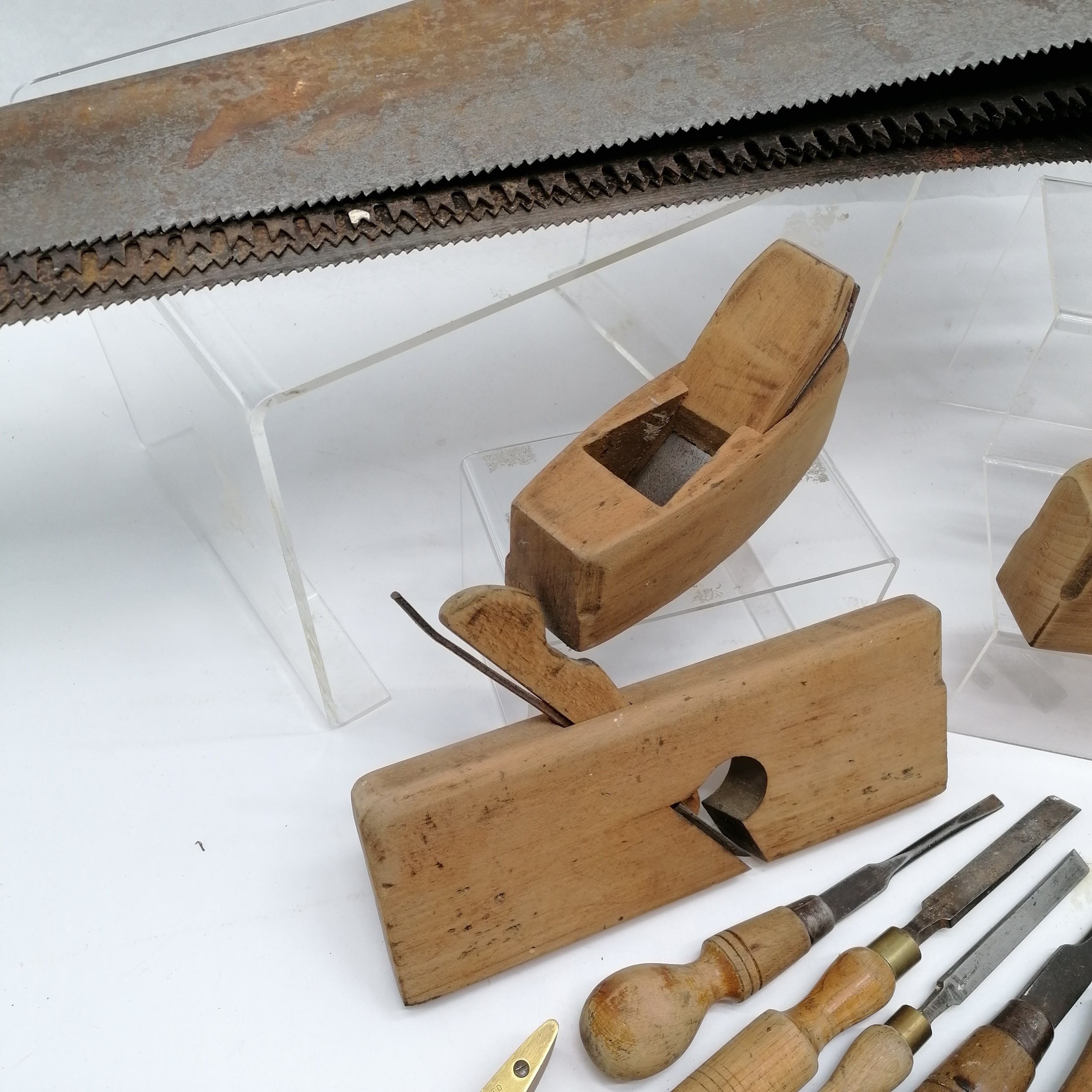 Qty of vintage tools inc 4 x saws (longest 78cm), 4 wood planes, spokeshave, 2 x J Rabone spirit - Image 2 of 8