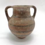 Cypriot antique 2 handled vessel with geometric & line decoration - 12cm high with no obvious damage