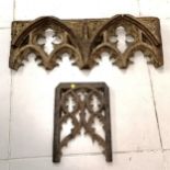 Antique gothic twin arch carvings, decorated with carved eagles, 68 cm wide, 26 cm high, t/w a