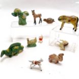 Qty of animals inc Chinese fish + rooster (6cm), Tremar bird, glass elephant etc