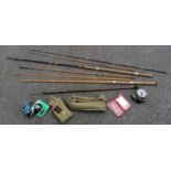 3 fishing rods + 3 reels + gaff etc inc Chapman Mk IV Carp 550 split cane rod (2 pieces only), Hardy