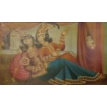 Qajar style original signed painting on canvas of a couple courting with a voyeur behind the