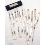 set of 6 Mother of pearl handle fruit forks, with silver collars, 1 a/f in Harrods box, t/w set of 6