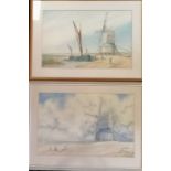 2 x framed watercolour paintings of a windmill near an estuary by H G Wilson (1 signed) - frame 51cm