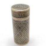 Asian unmarked silver niello decorated spice cannister - 6.5cm & 54g total weight