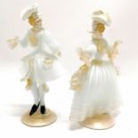 Pair of Italian Murano glass figurines of lady and a gentleman. With white and gilded detail.