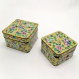 2 x 19th century Chinese canton yellow ground enamel boxes - largest 9cm x 9cm x 6cm & both have